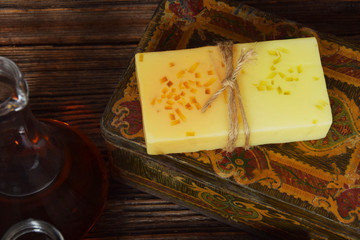 handmade soap at home on a metal box