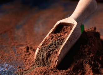 Cocoa powder, selective focus, detailed close-up shot