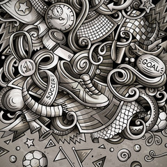 Cartoon vector doodles Soccer frame. Graphics football funny border