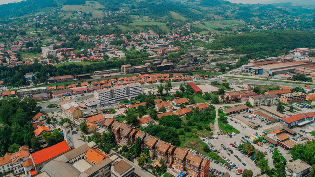 city photographed from air by drone. Old balkan buildings and communism type of architecture. Zenica - Bosnia and Herzegovina