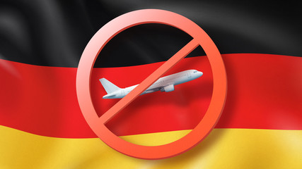 Prohibition sign with crossed out plane on the background of German flag.