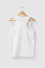 Blank White Tank Top Shirt Mock-up on wooden hanger, rear side view. High resolution.