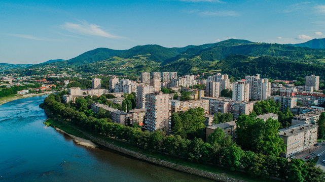Aerial view of downtown Zenica at sunset, Bosnia. City photographed by drone, traffic and objects , landscape