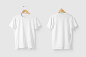 Blank White T-Shirt Mock-up on wooden hanger, front and rear side view. High resolution. - obrazy, fototapety, plakaty