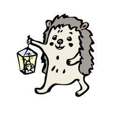 Cute hedgehog holds a glass flashlight with a firefly inside. Vector illustration in cartoon style. Isolated on a white background.