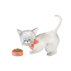 Watercolor illustration of a gray cat with a pink bow and a bowl of food. Hand-drawn with watercolors and is suitable for all types of design and printing.