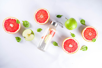 Balanced nutrition diet, fitness lifestyle concept. Fresh infused drink in glass jar. Detox water,...