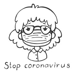 Woman in a protective mask against viruses. Lettering - Stop coronavirus. Cartoon character on a white background in sketch style. Linear illustration.