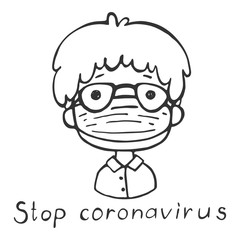 Man in a protective mask against viruses. Lettering - Stop coronavirus. Cartoon character on a white background in sketch style. Linear illustration.