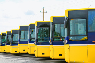 Fototapeta na wymiar Depot of school buses lined up at the stop for lack of activity