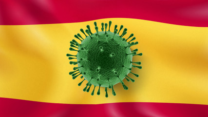 Bacteria of Coronavirus on the background of Spanish flag.