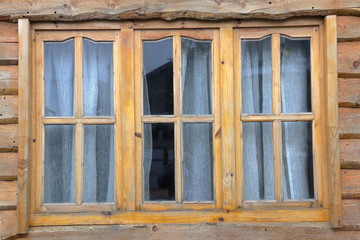 old wooden window glass curtains