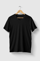 Black V-Neck Shirt Mock-up on wooden hanger, front side view. High resolution.