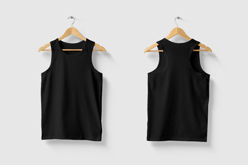 Black Tank Top Shirt Mock-up on wooden hanger, front and rear side view. High resolution.