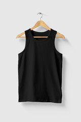 Black Tank Top Shirt Mock-up on wooden hanger, front side view. High resolution.