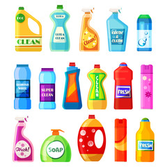 Domestic chemicals set, washing liquids in bottle