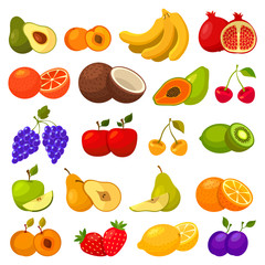 Fruits flat icons, berries and tropical fruits