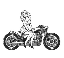 Fototapeta na wymiar Pretty pinup girl sitting on motorcycle