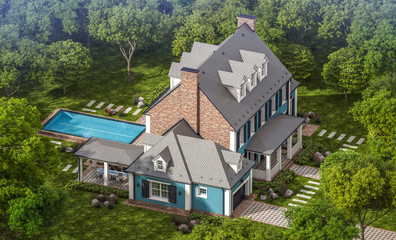 Fototapeta na wymiar 3d rendering of modern cozy classic house in colonial style with garage and pool for sale or rent with beautiful landscaping on background. Clear sunny summer day with blue sky.