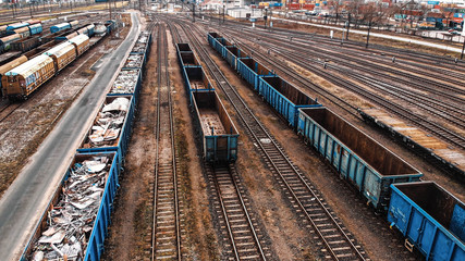 Fototapeta premium Warsaw, Poland 03.20.2020. - Empty cargo containers on the railyard. Freight transport. inland shipping