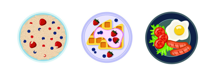 Set of delicious and healthy breakfasts: oatmeal porridge with berries, fried eggs with sausages and vegetables, Belgian waffles with cream and berries.