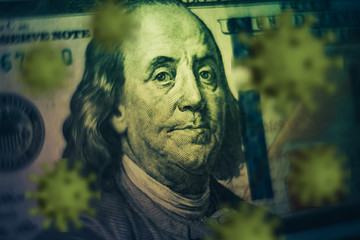 Close up Franklin's face pandemic coronavirus on a one hundred dollar. American, US Dollars Cash...