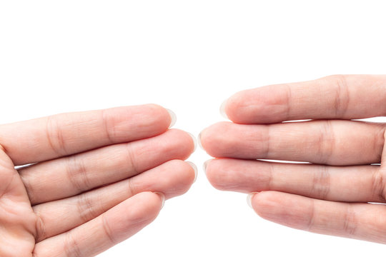 Close up four long nail fingers hands isolated on white background with clipping path.