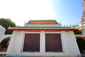 A small building was built on the side of the church. Wat Thepthidaram Worawihan during the reign of Rama III, Rattanakosin, Bangkok, Thailand