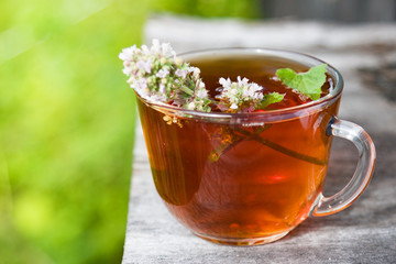 Fresh hot tea with melissa outdoor in summer. Medicine healthy