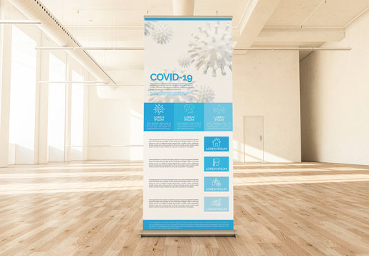 Blue and White Roll-Up Banner with COVID-19 Information