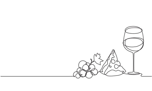 A glass of wine, a bunch of grapes and cheese. Drawing by a continuous line