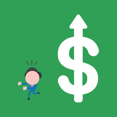 Vector illustration of businessman character running away from big dollar with arrow moving up.