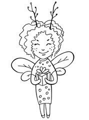 Little fairy with a gift outlined for coloring page. Vector illustration of cute girl.