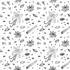 Seamless pattern with spices: cinnamon, anise, vanilla, cardamom, clove, nutmeg. Hand drawn spices background. Vector illustration.