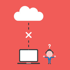 Vector illustration of businessman character confused with connection problem between cloud storage and laptop computer icon.