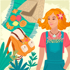 Summer card. Recreation on open air. Tourism. Vector illustration concept