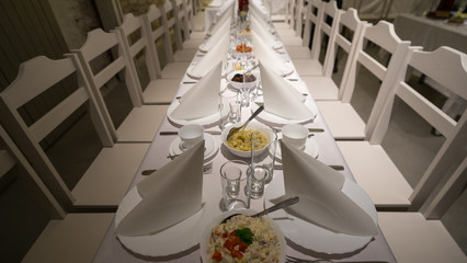 Festive table setup, white napkins set triangularly, elegant simple tableware on long table. Modest dinner for few close people.