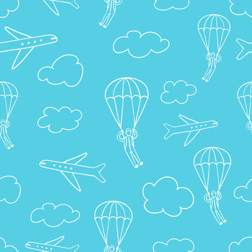 Seamless pattern with skydivers, planes, clouds on blue background