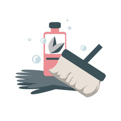 Spring home cleaning concept. Vector icon illustration with mop, gloves, and detergent.