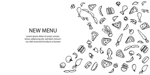 Food doodles on white background. Vector illustration for menu or food package design, banner, presentation design, poster, and flyer. Set of healthy food ingredients. Hand drawn sketches