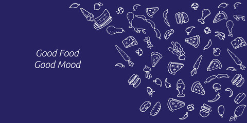 Food doodles on blue background. Vector illustration for menu or food package design, banner, presentation design, poster, and flyer. Set of healthy food ingredients. Hand drawn sketches