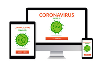 Desktop computer, tablet and smartphone isolated on white with coronavirus, covid-19 concept on screen. Social distancing. Digital generated devices.