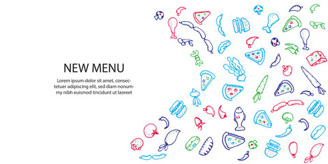 Colorful food doodles on white background. Vector illustration for menu or food package design, banner, presentation design, poster, and flyer. Set of healthy food ingredients. Hand drawn sketches