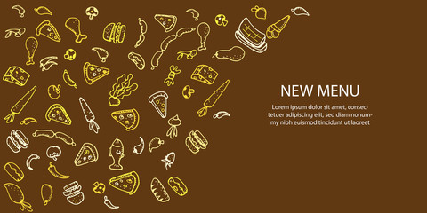 Food doodles on brown background. Vector illustration for menu or food package design, banner, presentation design, poster, and flyer. Set of healthy food ingredients. Hand drawn sketches