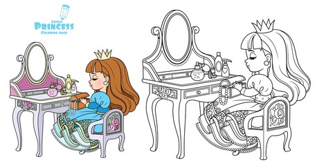 Cute princess sitting behind dressing table outlined and color for coloring book © Azuzl