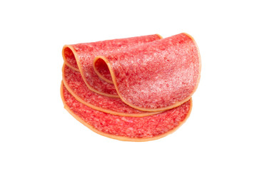 Salami slices isolated on white background.