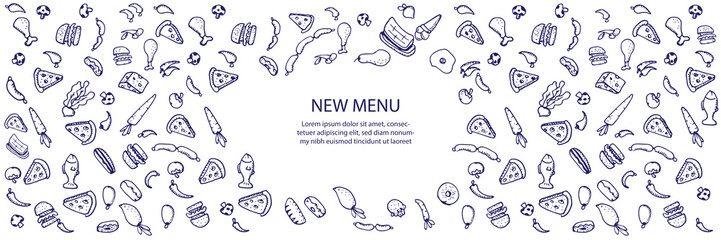 Food doodles on white background. Vector illustration for menu or food package design, banner, presentation design, poster, and flyer. Set of healthy food ingredients. Hand drawn sketches