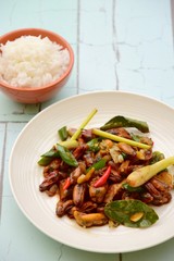 Oseng Kerang Saus Tiram, Indonesian food. Stir-fried mussels with oyster sauce, soy sauce, lemongrass, bayleaf, ginger, garlic and chili.