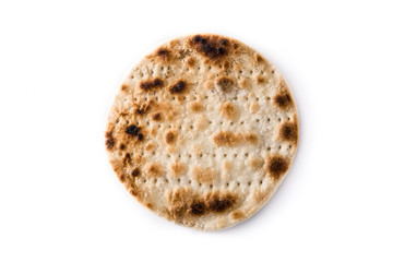 Handmade matzah for Jewish Passover isolated on white background. Top view