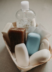 different soap and wash gel in the basket 